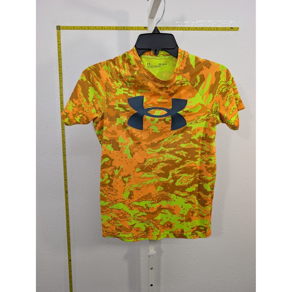 Under Armour Boys Youth Medium Orange Neon Yellow Digital Camo HeatGear‎ Shirt